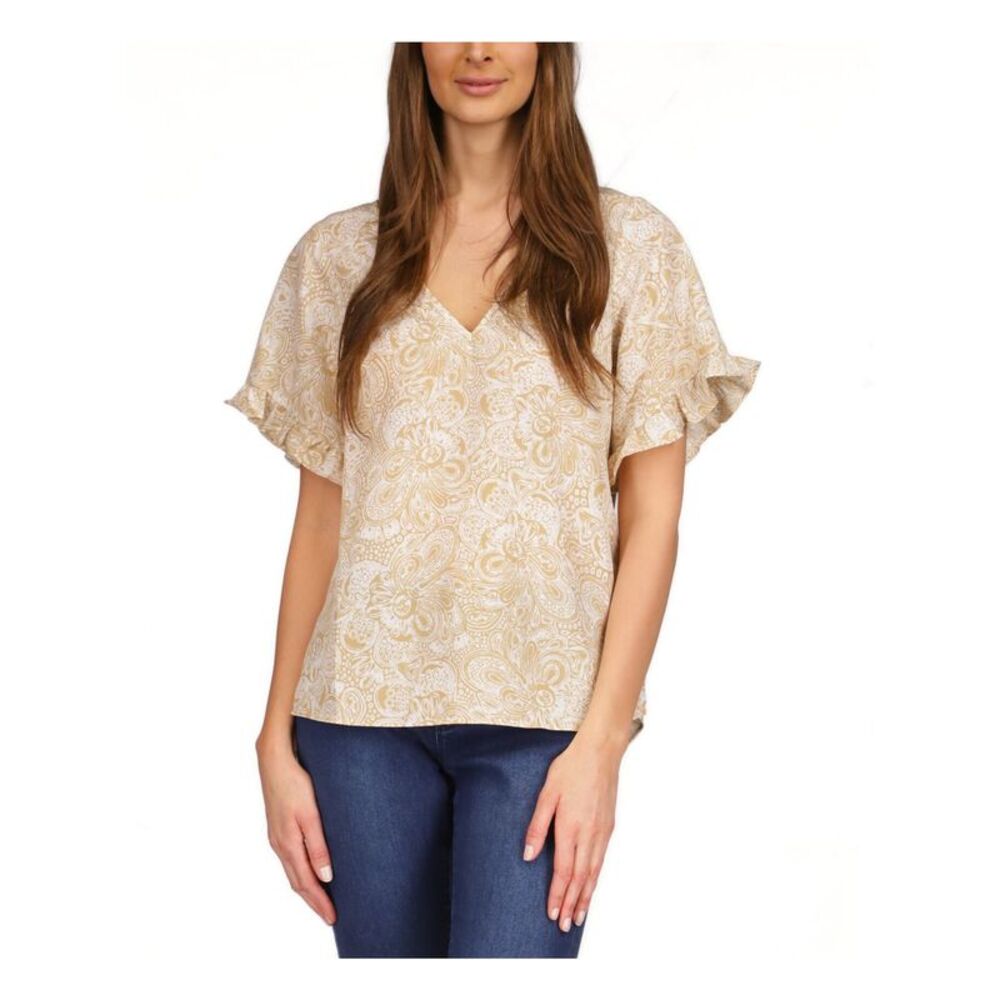 MICHAEL MICHAEL KORS Womens Beige Slit Round Back Hem Short Sleeve V Neck Top XS